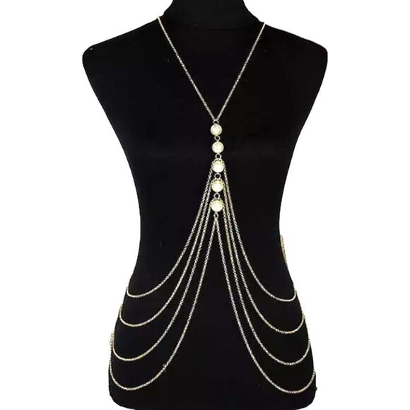 Gold Pearl Beaded Chest Body Chain Harness NEW - Picture 3 of 4